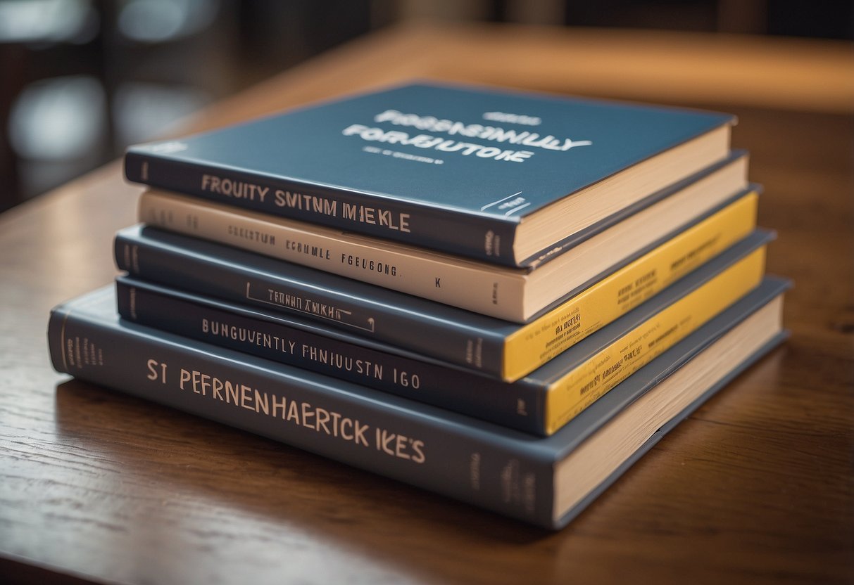 A stack of furniture instruction manuals with a "Frequently Asked Questions" label. Pieces of furniture scattered around