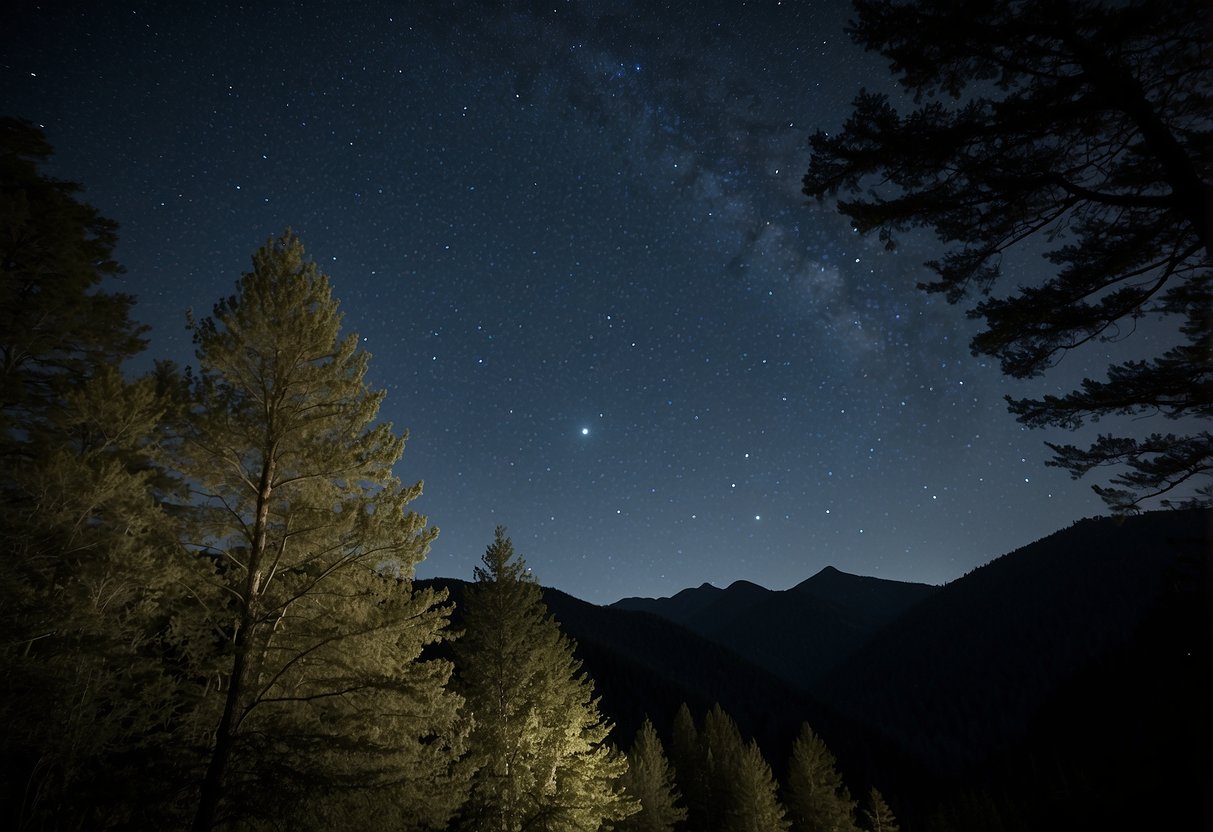 A dark, clear sky filled with twinkling stars, framed by silhouettes of towering trees and distant mountains. The air is crisp and cool, with the faint sound of rustling leaves and chirping crickets in the background