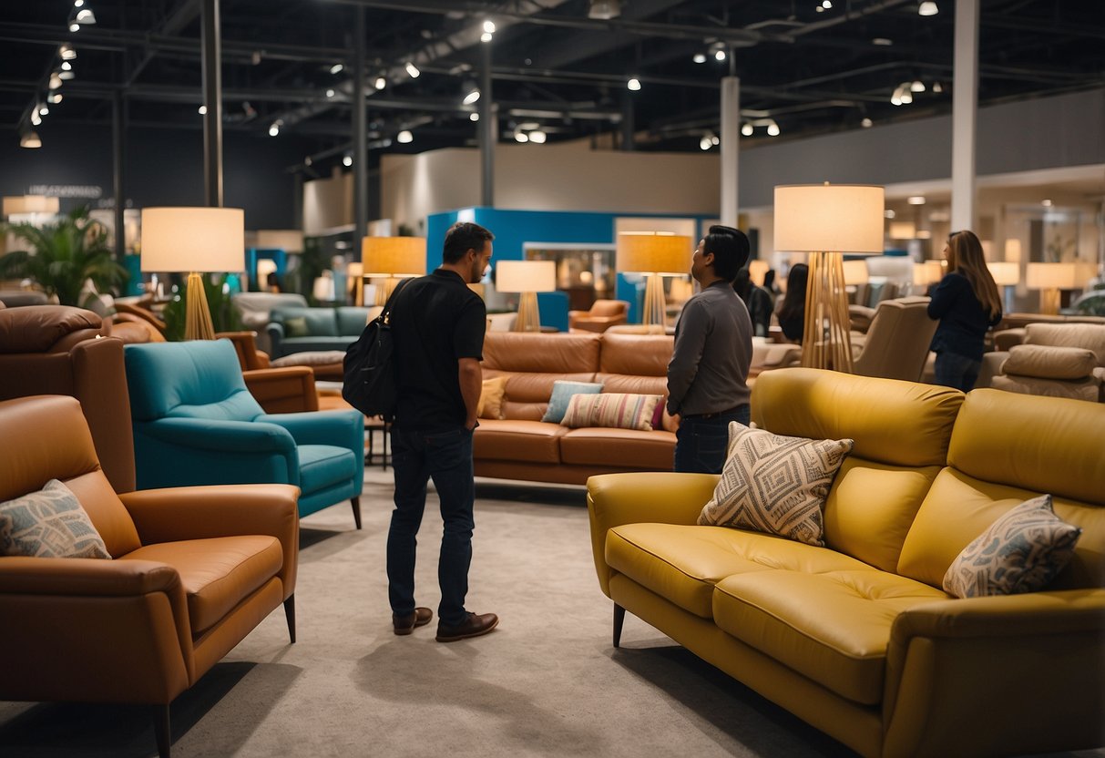Customers browse various sofas at Furniture Bazaar, examining colors and styles. Bright lighting highlights the array of options on display
