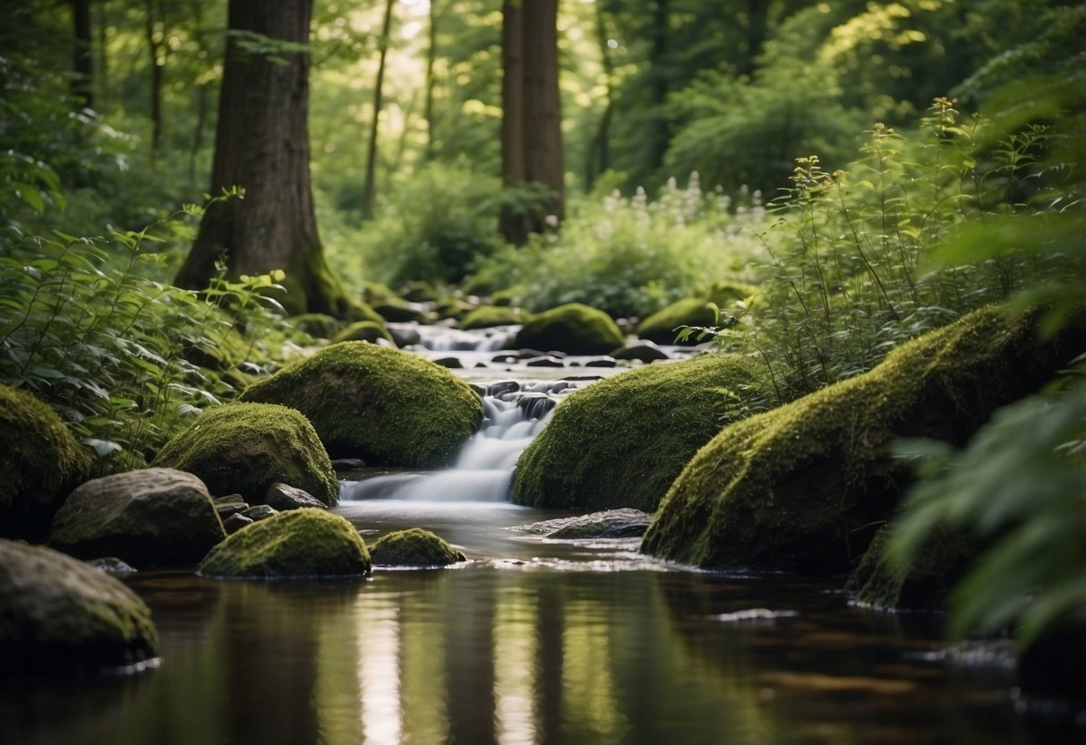 Lush greenery surrounds a bubbling stream. Trees tower overhead, while colorful birds flit between branches. Wildflowers bloom, and small animals scurry through the underbrush. A peaceful and vibrant woodland scene