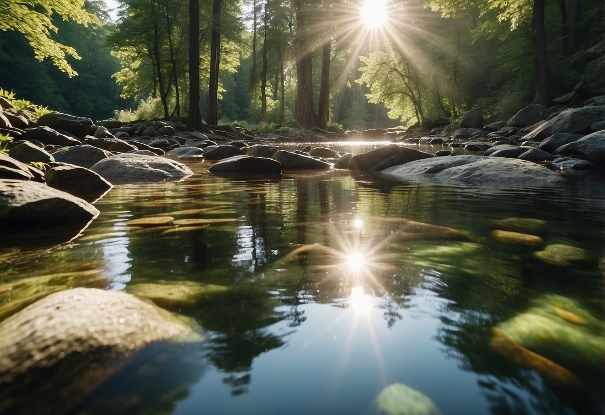 Crystal clear water ripples gently in a secluded natural lake. Lush greenery surrounds the peaceful scene, with sunlight filtering through the trees