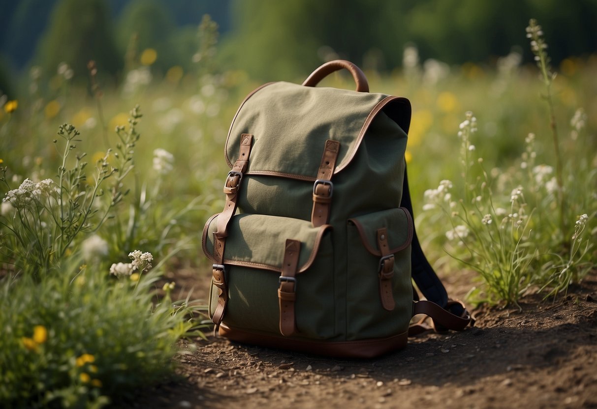 A backpack lies open on the ground, surrounded by wild herbs and plants. A small fire burns nearby, with a pot resting on top