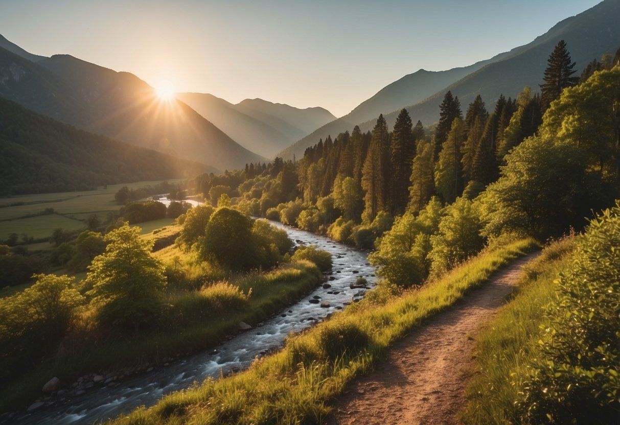 A serene landscape with a winding trail through lush forests, a glistening river, and towering mountains in the distance. The sun is setting, casting a warm glow over the scene as birds chirp in the trees