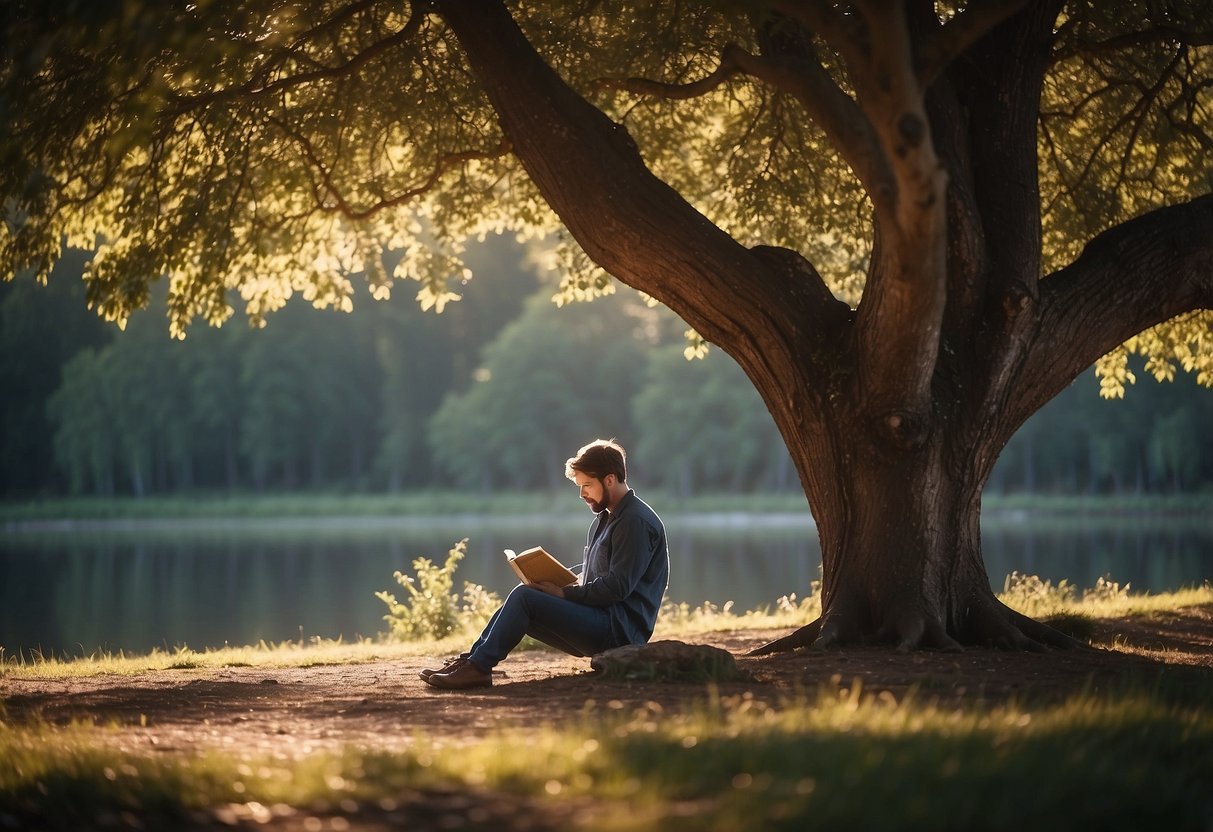 A person sits under a tree, surrounded by nature, reading a book in a peaceful and quiet spot