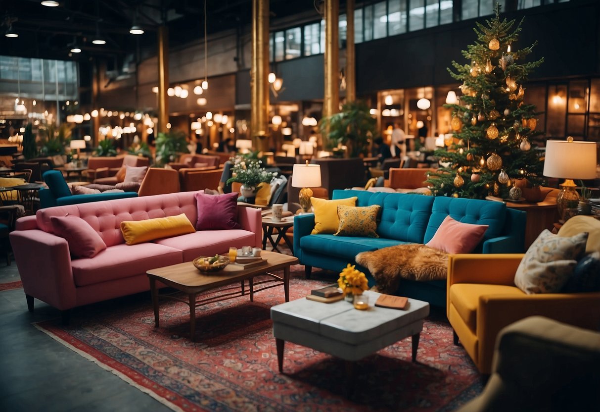 A cozy furniture bazaar with a variety of sofas, vibrant colors, and comfortable seating options