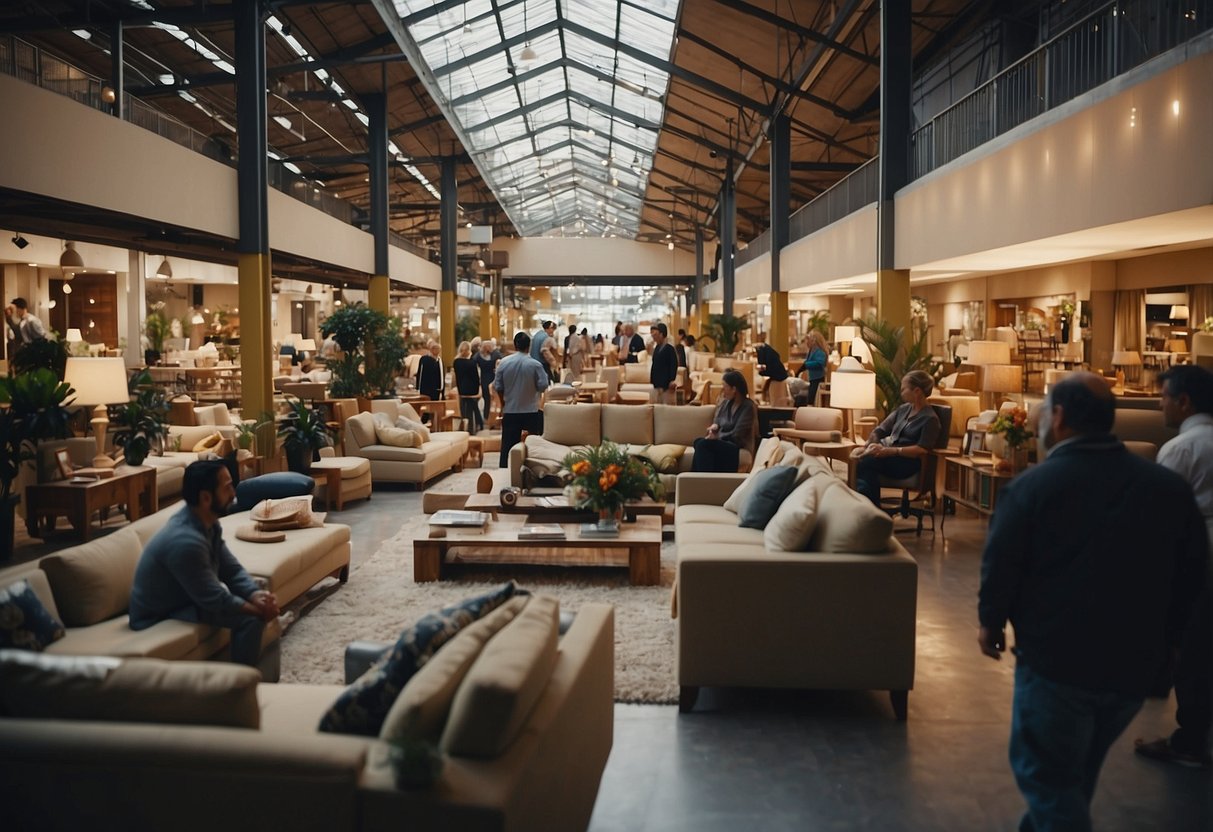 A bustling furniture bazaar with various sofas on display, customers browsing and salespeople assisting