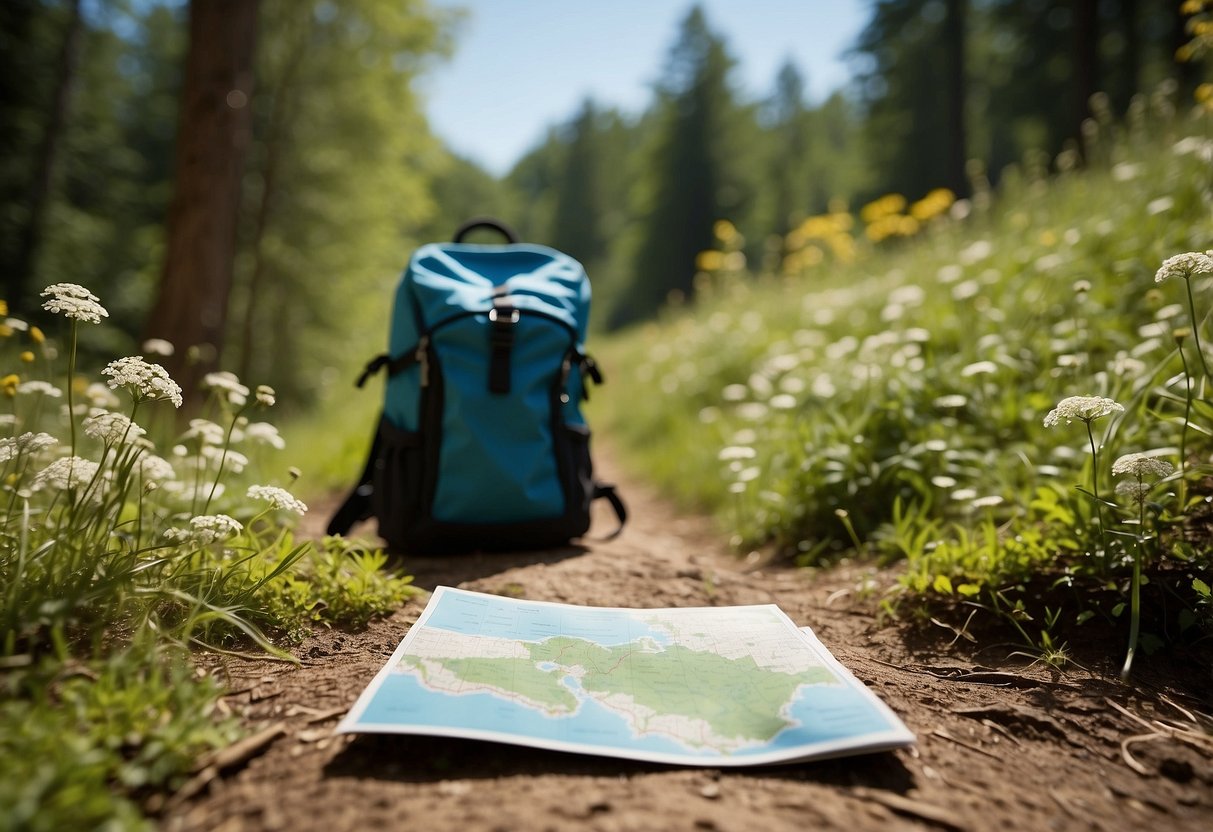 Hiking trail with insects: sunny, wooded path with buzzing insects, hiker's backpack, and a trail map. Clear blue sky overhead