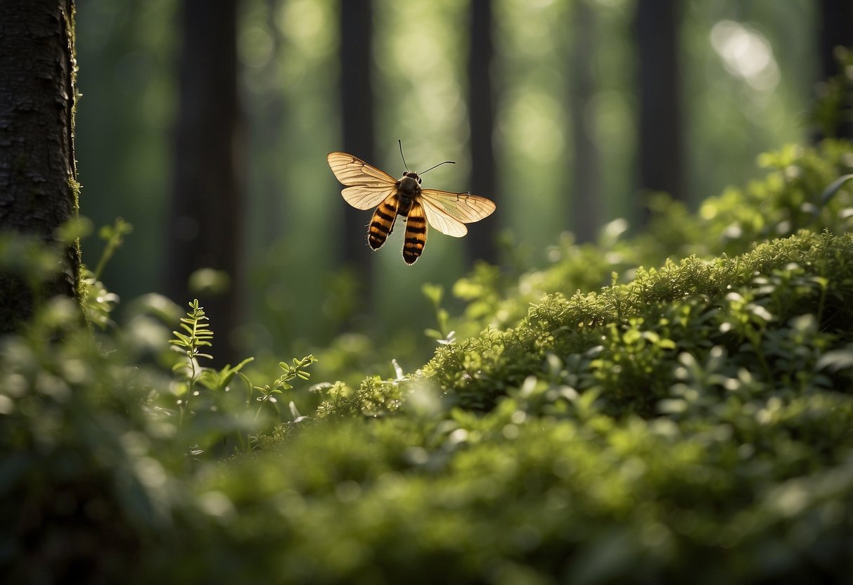 A trail with insects present, surrounded by plants and trees. Signs warn against scented products