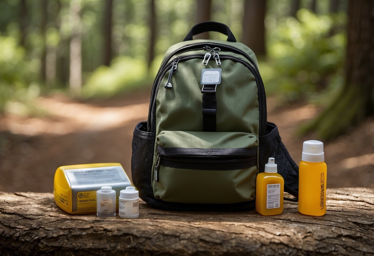 A hiker's backpack open, revealing an EpiPen next to insect repellent and a first aid kit. Surrounding trees and a trail in the background