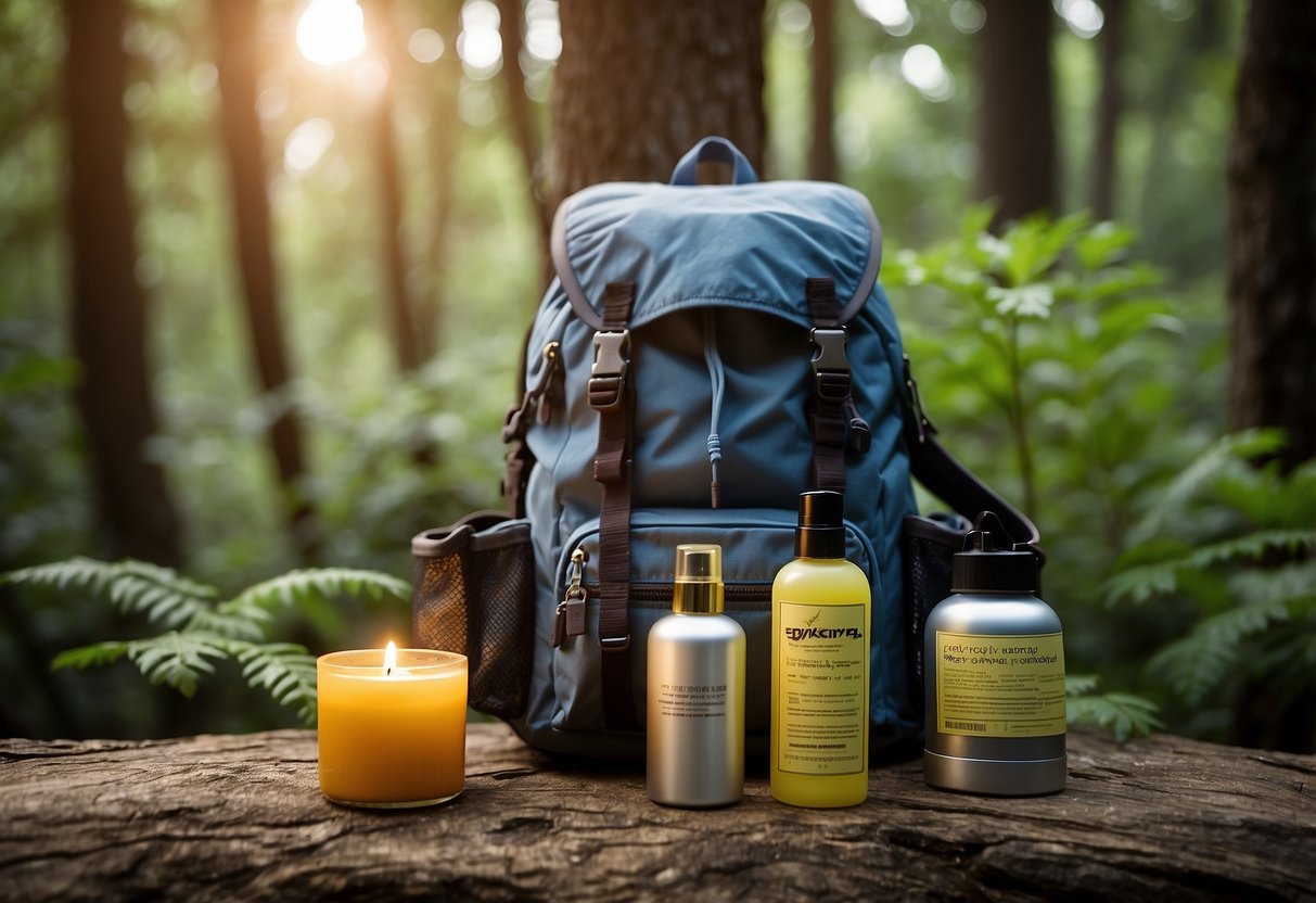 A hiker's backpack with insect repellent, sunscreen, and a mosquito net hanging from a tree branch. A bug spray bottle and a container of citronella candles sit on a rock nearby