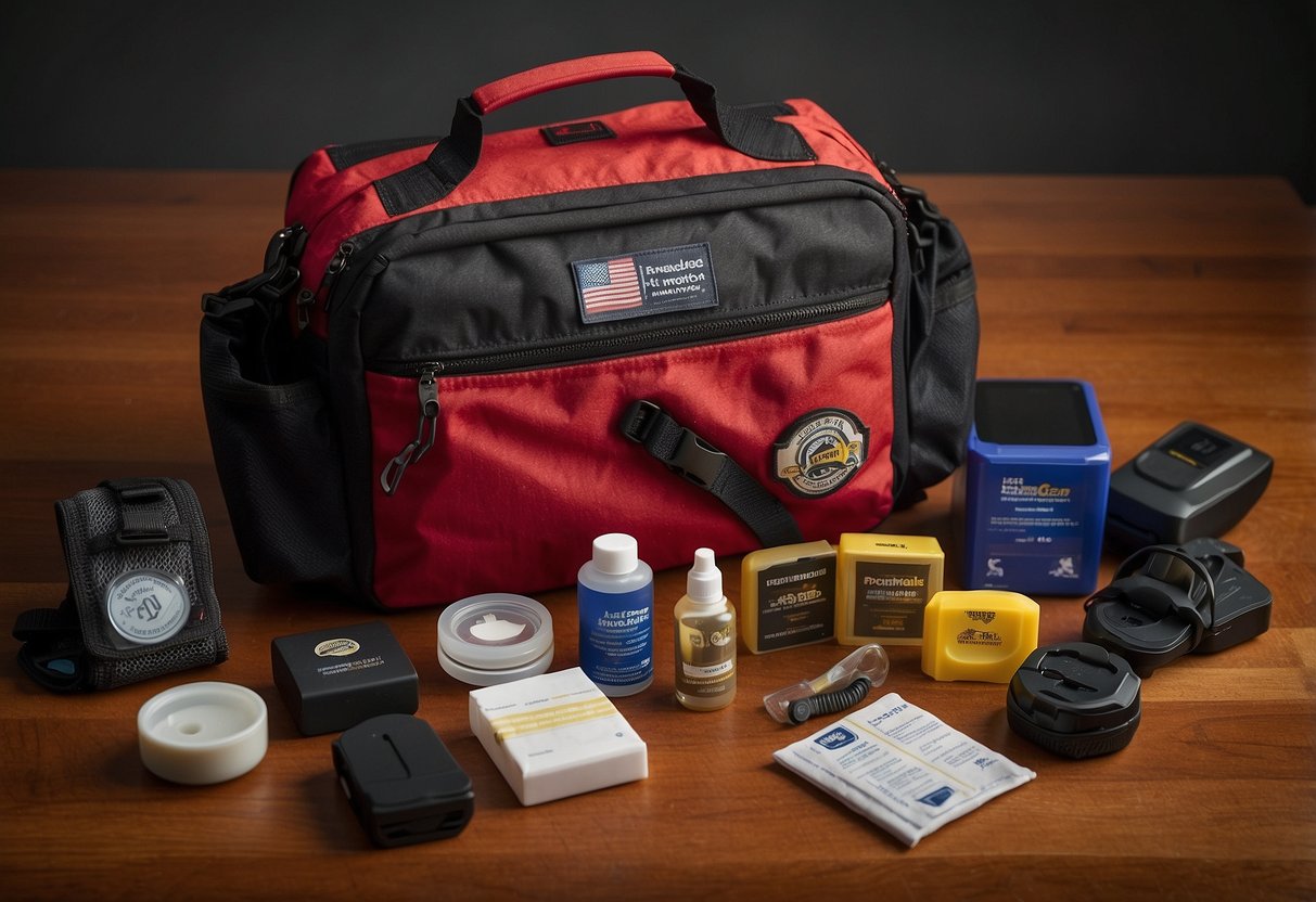 The Lightning X Products 5 Series First Responder Kit sits on a sturdy surface, displaying its compact and lightweight design. Various compartments and supplies are neatly organized, ready for quick access in an emergency