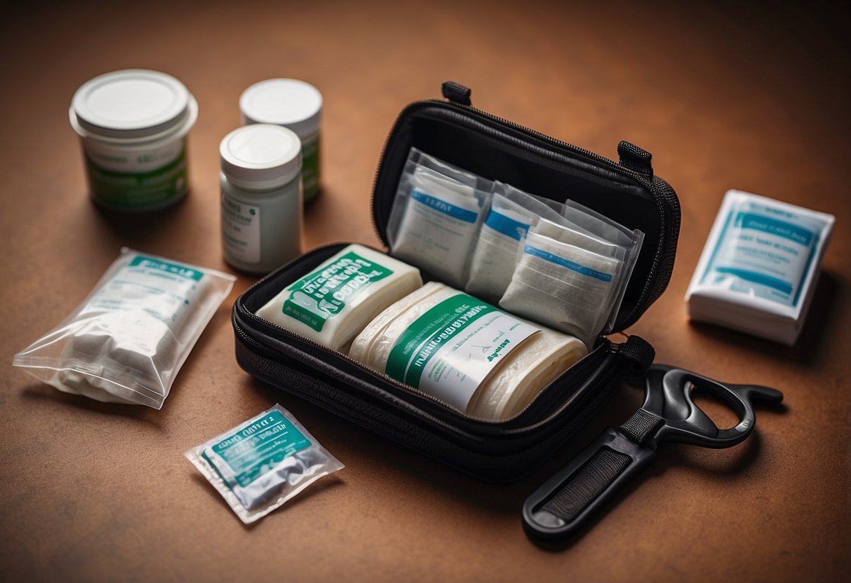 A compact first aid kit with bandages, antiseptic wipes, scissors, and adhesive tape laid out on a lightweight, durable case