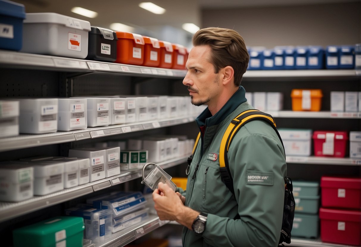 A hiker examines compact first aid kits on a store shelf. Various sizes and contents are displayed, with emphasis on lightweight and portable options