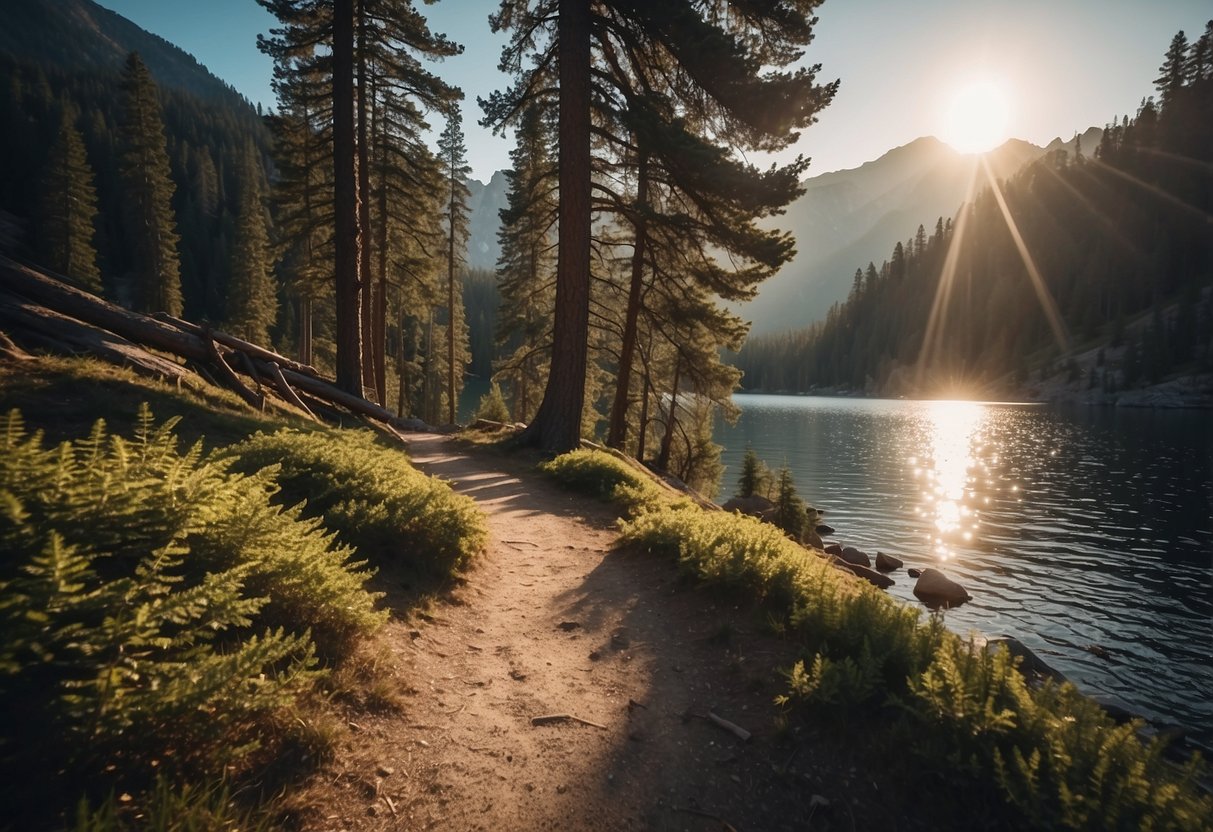 Sunlight filters through towering pines, illuminating a winding trail that leads to a serene alpine lake surrounded by jagged peaks