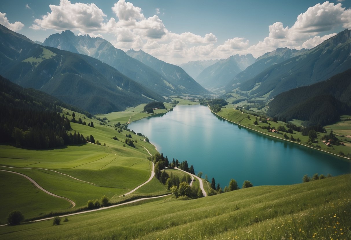 Lush green hills surround a tranquil blue lake, with a winding trail leading through the picturesque German Alps