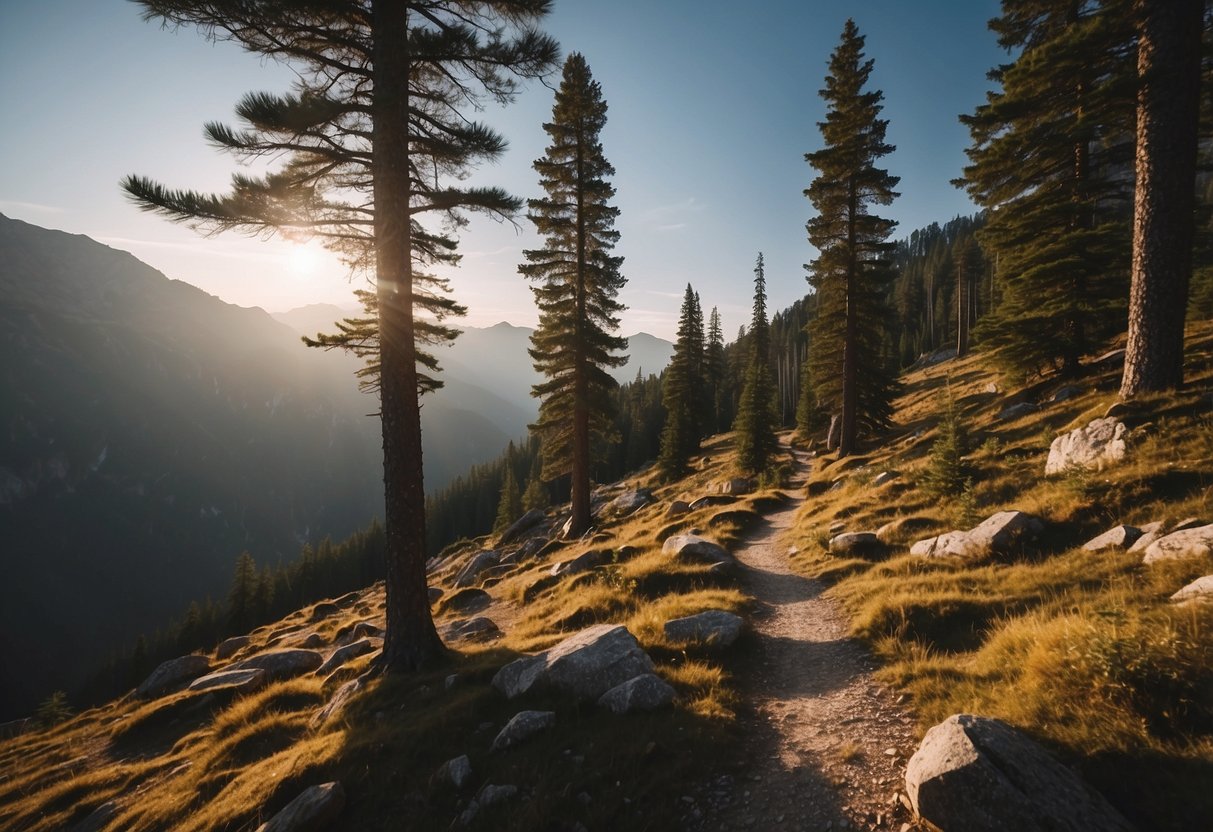 Sunlight filters through dense pine trees onto a winding alpine trail in Retezat Mountains, Romania. Towering peaks and crystal-clear lakes create a breathtaking backdrop for backpackers