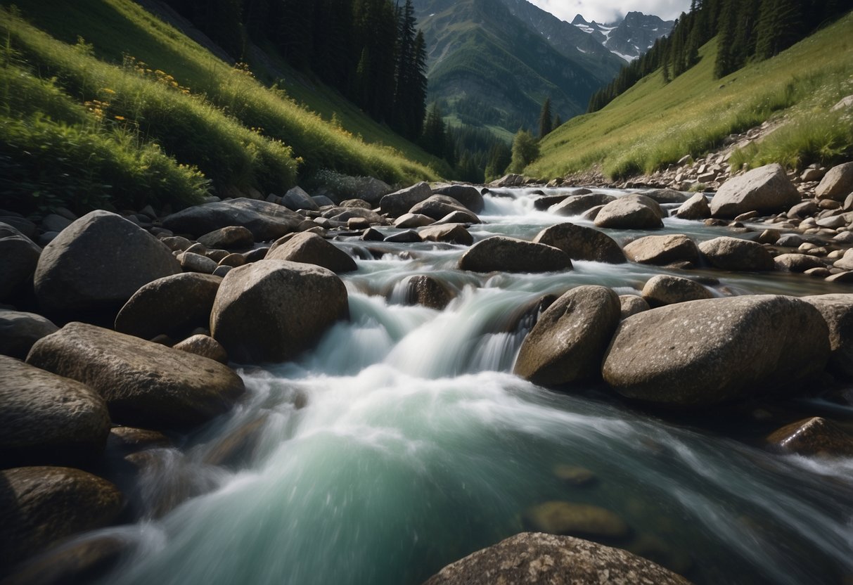 A narrow gorge with rushing water, surrounded by lush greenery and towering alpine peaks in the background