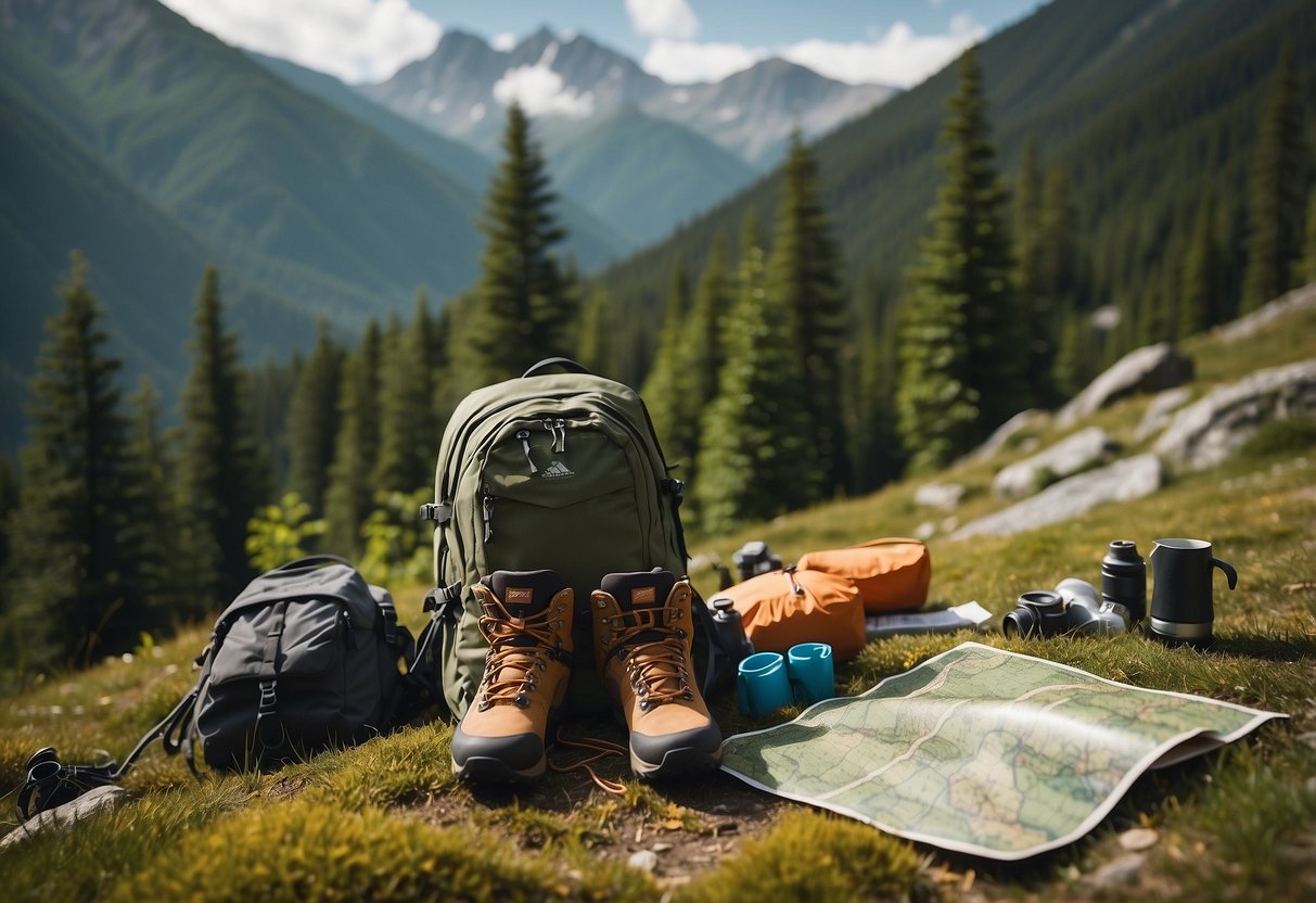 The scene depicts a backpack, hiking boots, trekking poles, a tent, and a map laid out on the ground with a backdrop of towering alpine mountains and lush greenery