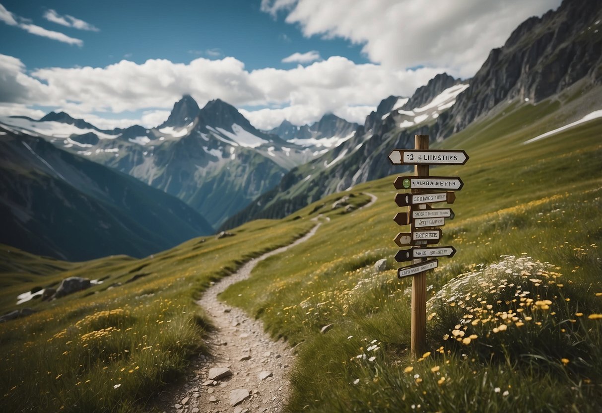 A narrow alpine trail winds through lush green meadows and rocky terrain, with snow-capped peaks in the distance. A signpost displays safety tips for hikers