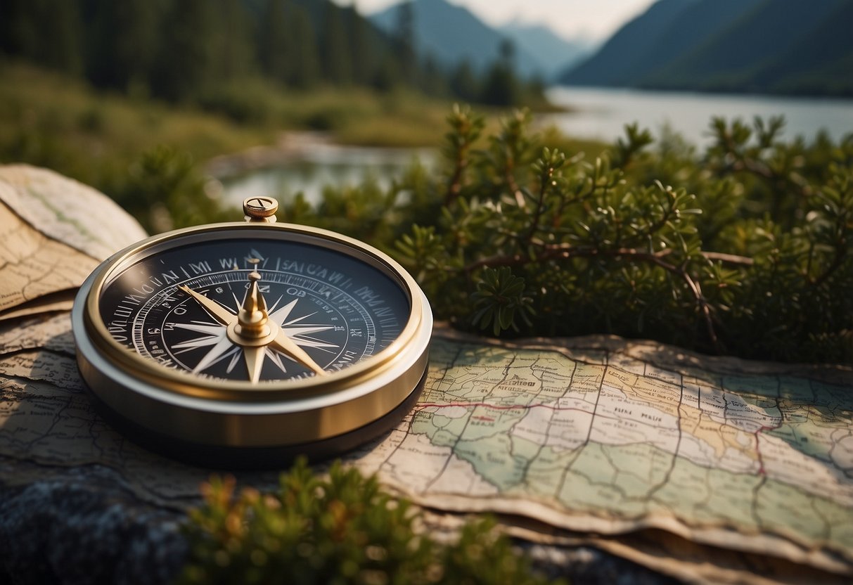 A compass pointing north on a detailed map, surrounded by natural elements like trees, mountains, and a flowing river