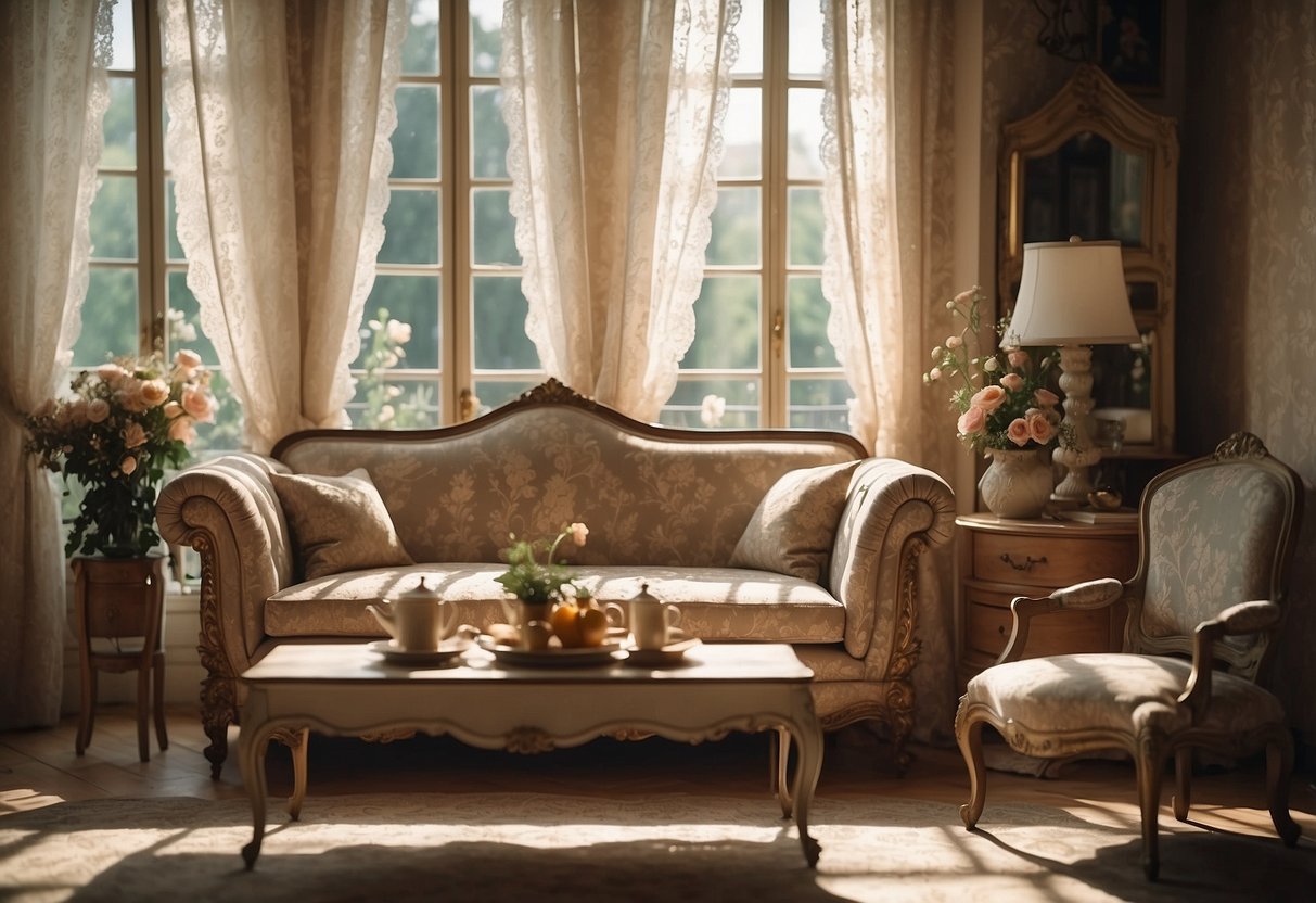 A cozy French vintage furniture set in a sunlit room with floral wallpaper and lace curtains