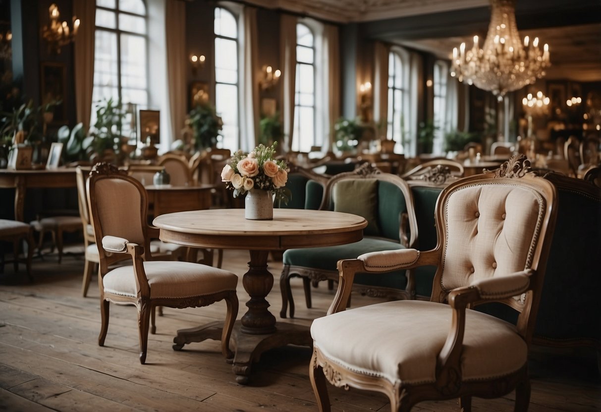 A cozy French vintage furniture shop with ornate chairs, distressed wooden tables, and delicate chandeliers. Rich colors and intricate details create a timeless and elegant atmosphere