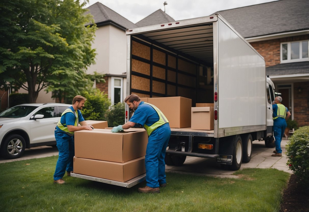 A truck parked outside a house, loading free furniture onto the back. Two workers carrying items, while one directs the placement