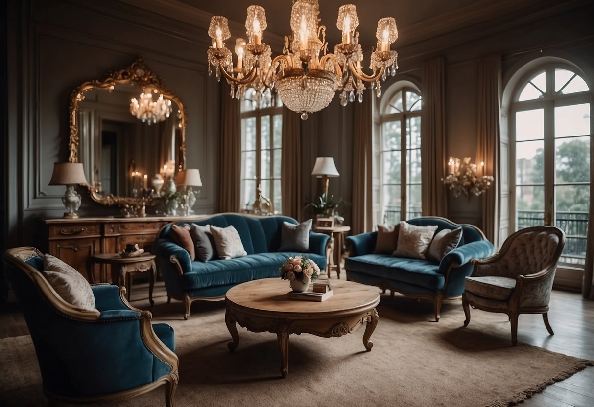 A cozy living room with a distressed wooden coffee table, ornate velvet armchairs, and a vintage chandelier. French vintage pieces exude elegance and charm
