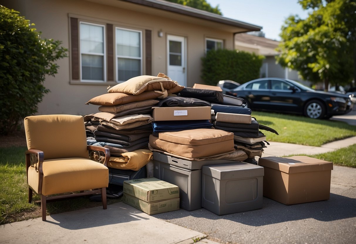 A pile of gently used furniture sits by the curb, ready for donation. A sign nearby displays tax deduction information and advertises free pick-up service