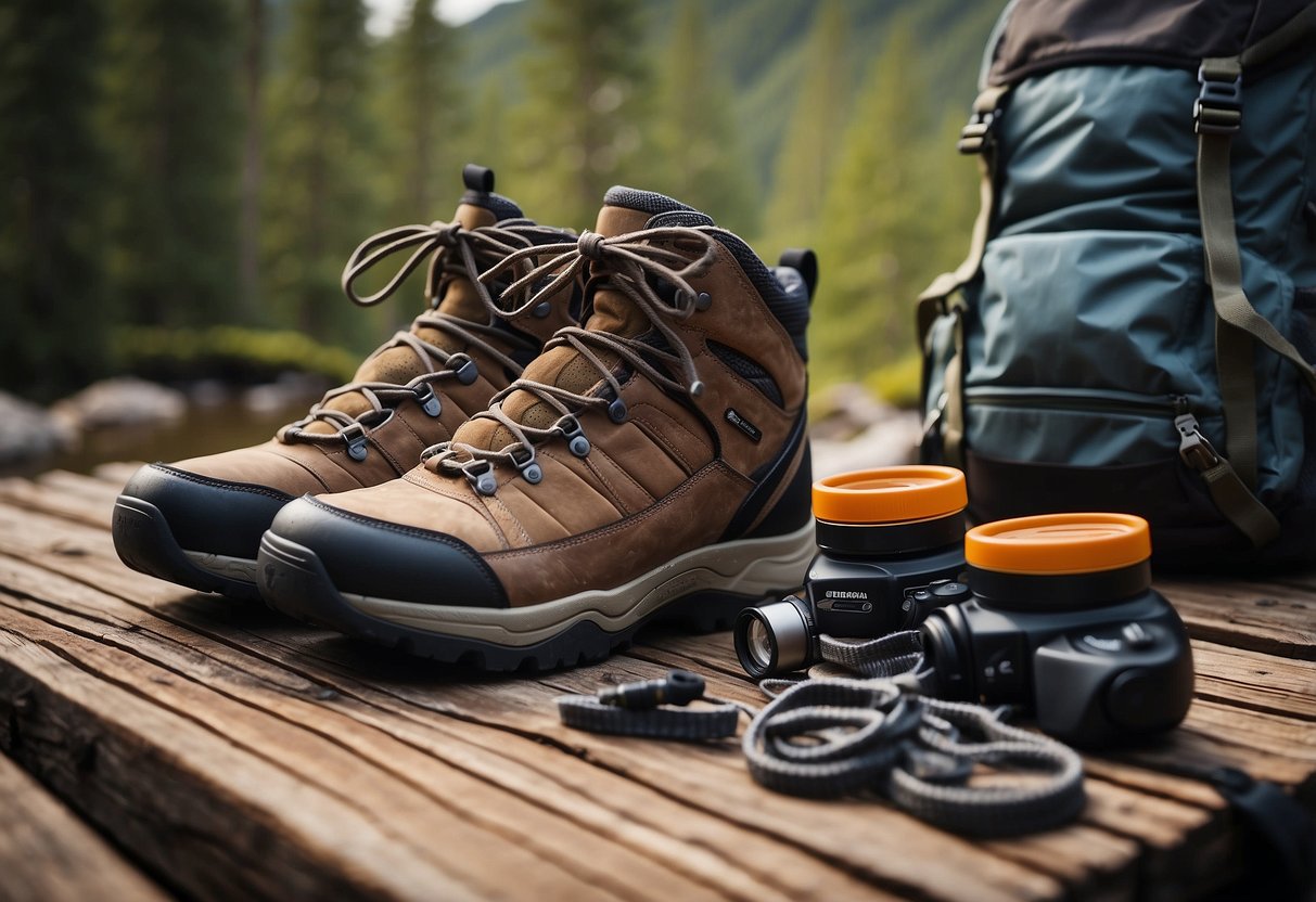 A pair of lightweight backpacking shoes arranged neatly on a rustic wooden surface, surrounded by outdoor adventure gear such as a backpack, water bottle, and hiking poles