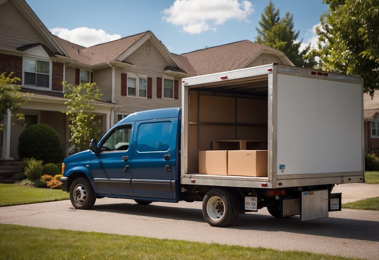 A truck parked outside a house, with workers loading unwanted furniture into the back. A sign reads "Frequently Asked Questions: free furniture pick up."