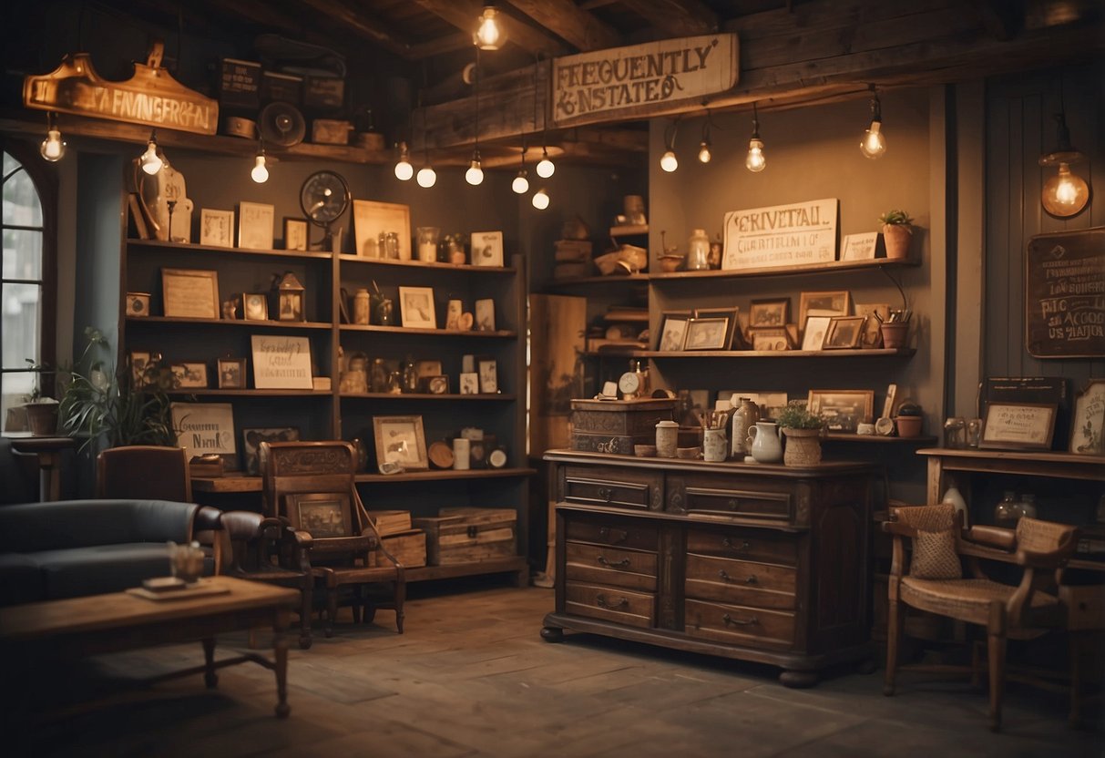 A cozy vintage furniture shop with shelves of unique items and a sign for "Frequently Asked Questions" in French