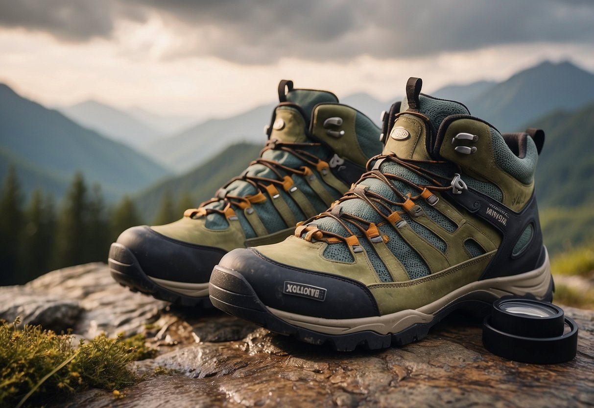 A pair of lightweight backpacking shoes being cleaned and waterproofed with a brush and spray, surrounded by hiking gear and a scenic outdoor backdrop