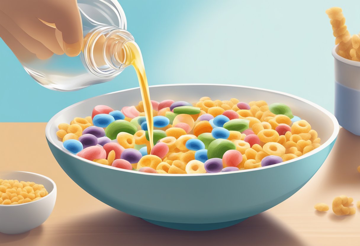 A person pouring a clear liquid from a bottle into a bowl of cereal