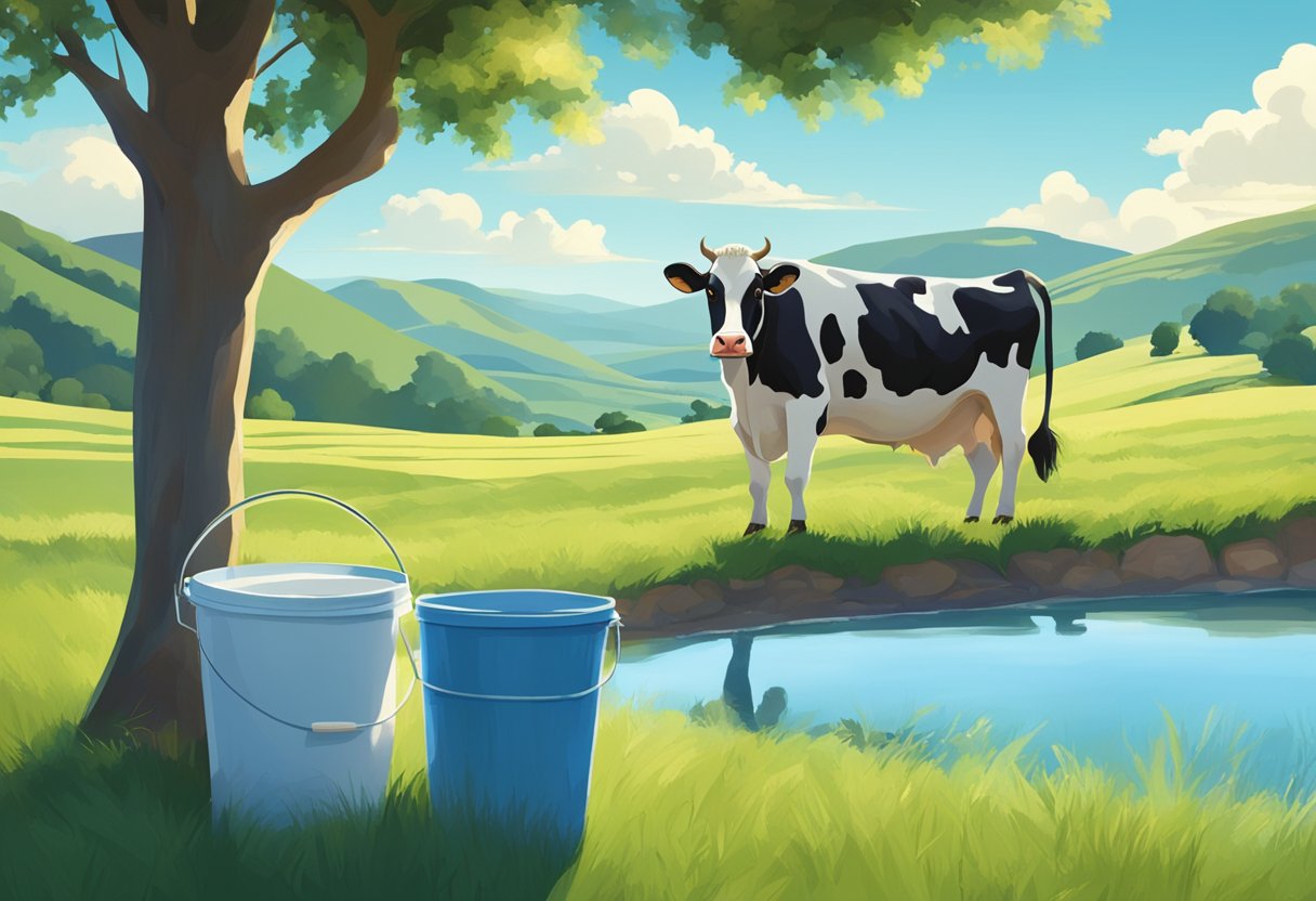 A cow standing in a lush green pasture, surrounded by rolling hills and a clear blue sky. A bucket of milk sits nearby, with a small amount of whey separated from the milk