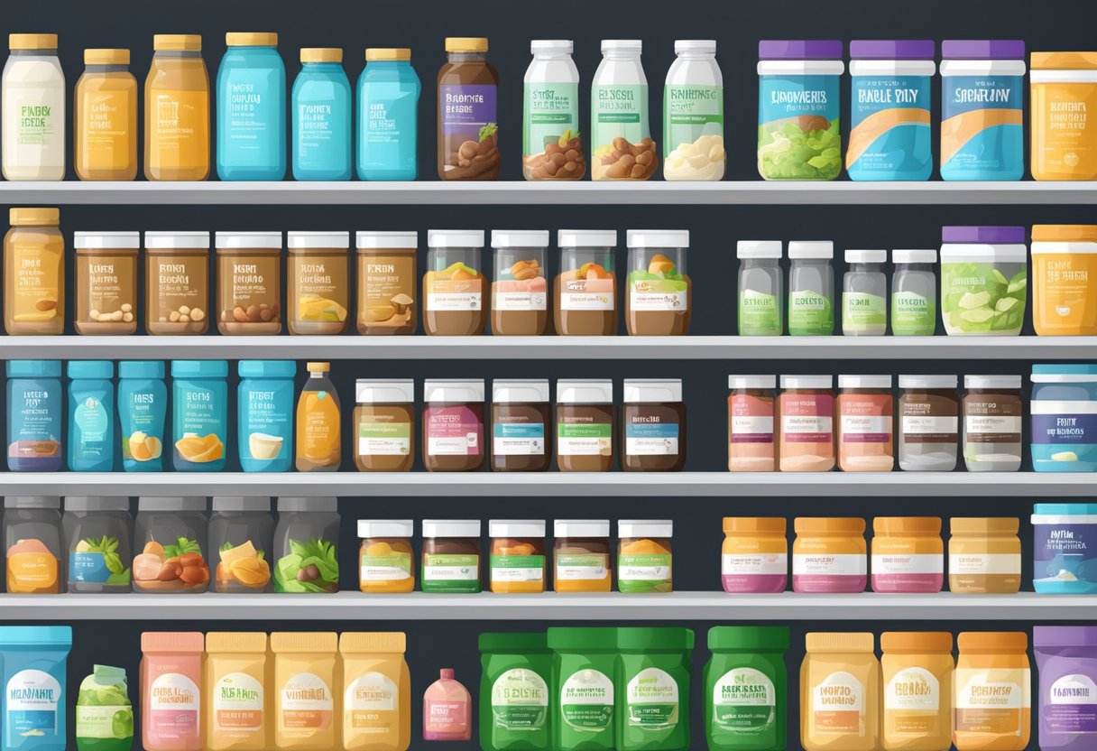 A variety of whey protein products displayed on shelves with clear vegetarian labeling