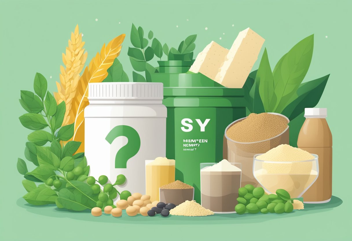 Various plant-based protein sources (soy, pea, hemp) surround a container of whey protein. A question mark hovers above the container