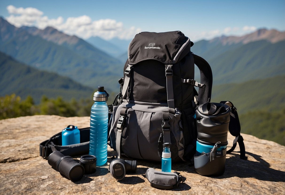 A backpack with five different hydration systems laid out on a flat surface, surrounded by outdoor gear and a scenic mountain backdrop