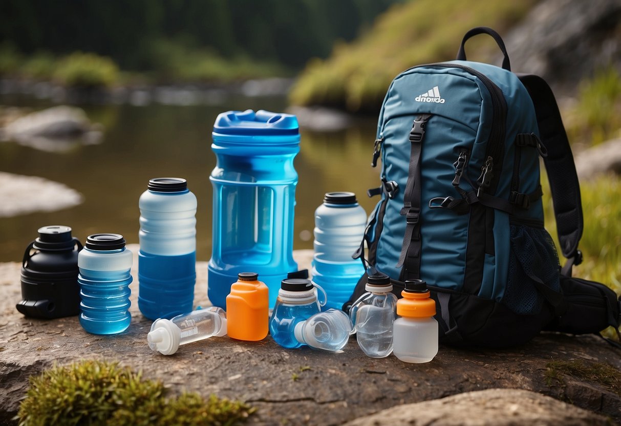 A backpack with 5 hydration systems laid out, including water bladders, bottles, and hydration packs, surrounded by outdoor gear