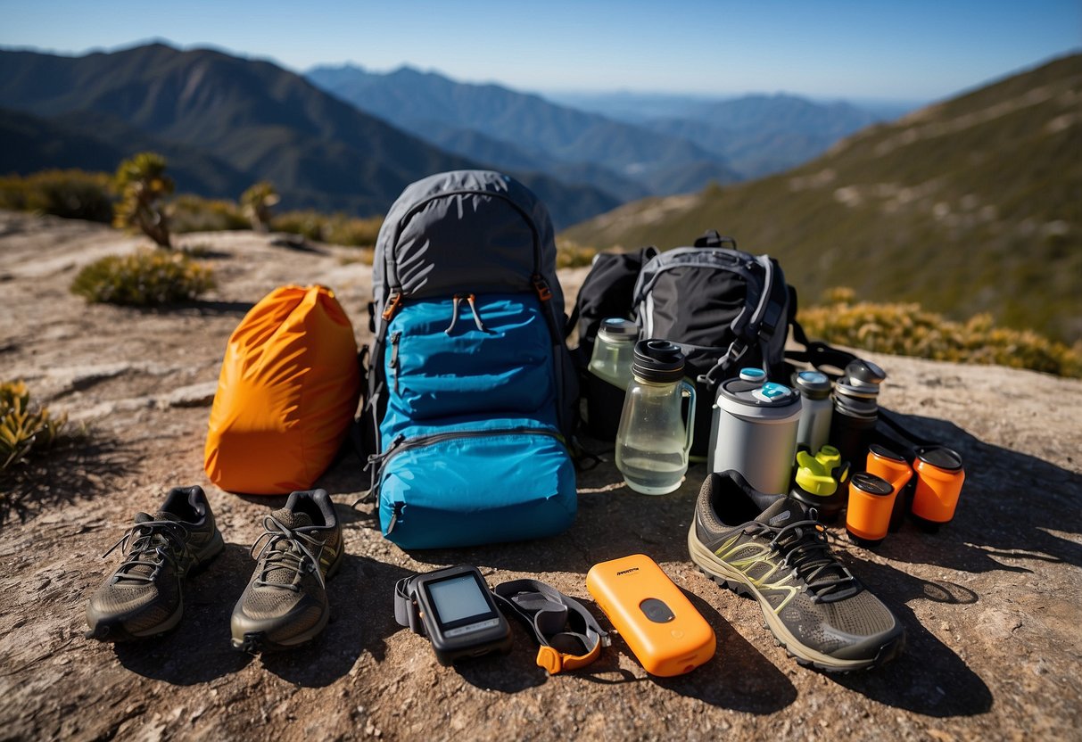 Trail running gear laid out: trail shoes, hydration pack, moisture-wicking clothing, headlamp, GPS watch, energy gels, sunscreen, hat, sunglasses, and lightweight jacket