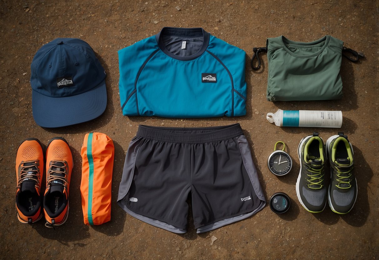 A pair of Patagonia Nine Trails Shorts laid out next to essential trail running gear items