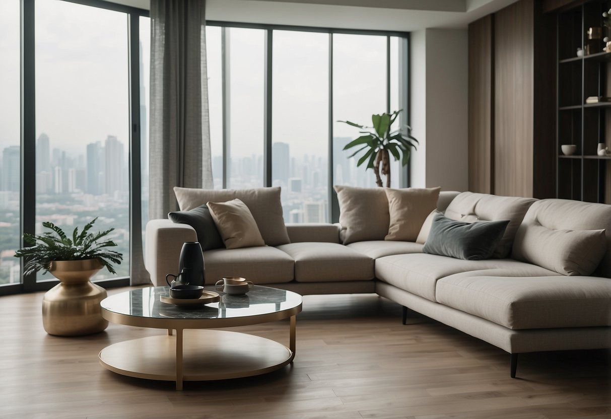 A modern living room with sleek, minimalist furniture from FC Furniture Singapore. Clean lines, neutral colors, and a cozy atmosphere