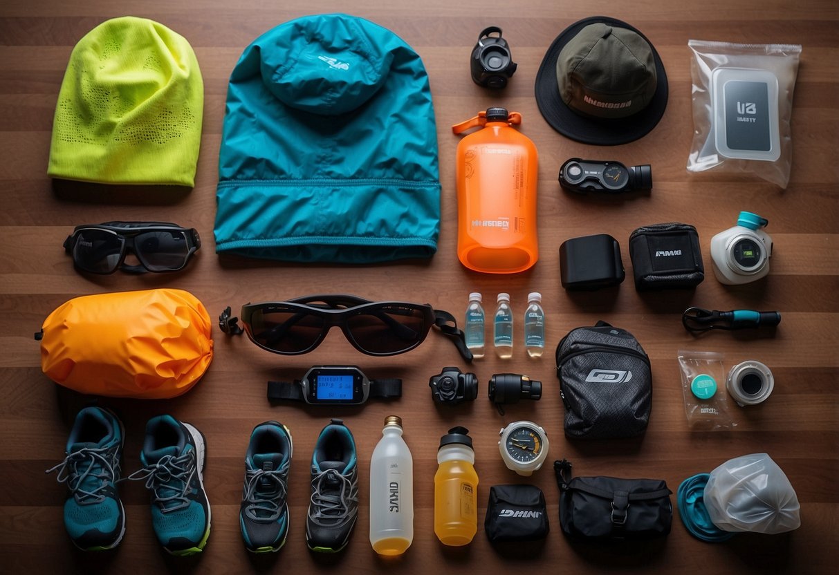 A trail runner's gear laid out: headlamp, water bottle, trail shoes, GPS watch, energy gels, hydration pack, sunscreen, hat, sunglasses, and running socks