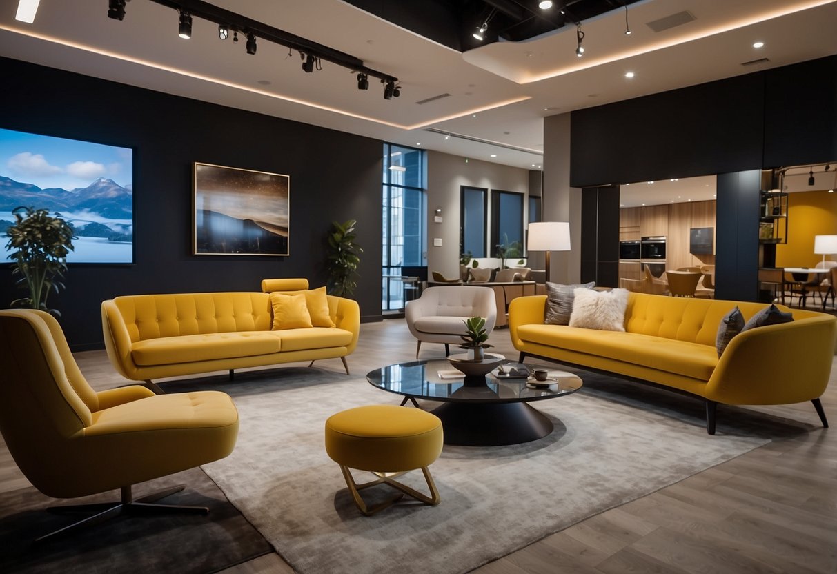 A spacious showroom displays modern furniture in various styles and colors. Bright lighting highlights the sleek designs and comfortable seating options