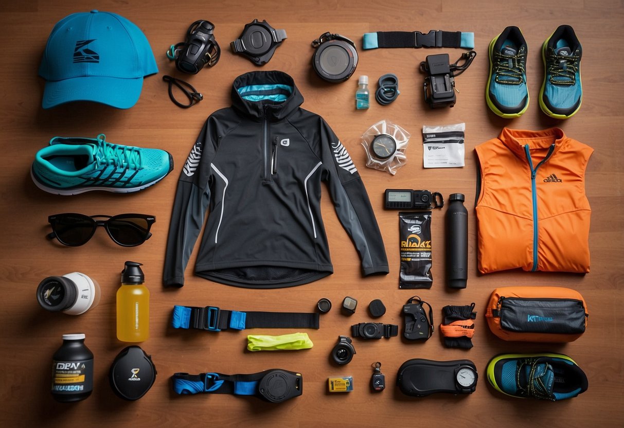 A trail runner's gear laid out: KT Tape Pro Synthetic Kinesiology Tape, hydration pack, trail shoes, GPS watch, headlamp, energy gels, sunglasses, hat, running shorts, and moisture-wicking shirt