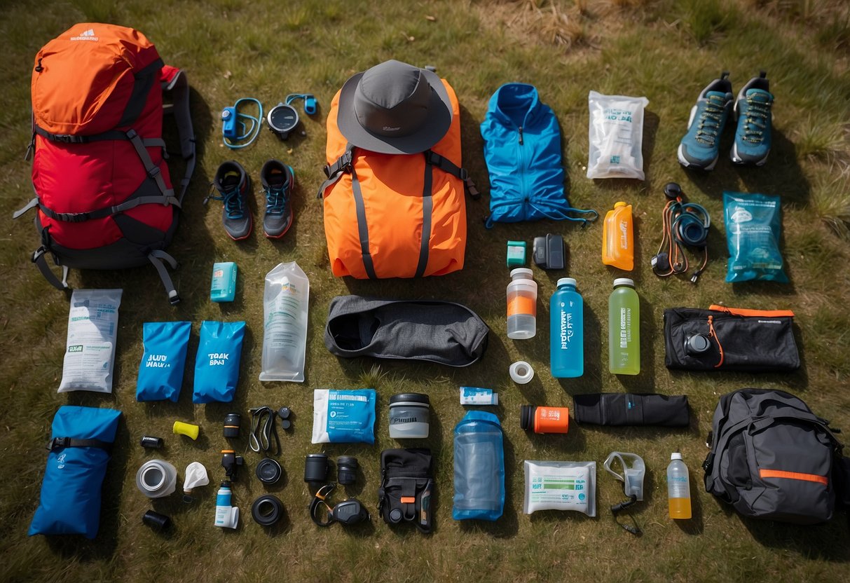 Trail running gear laid out: trail shoes, hydration pack, moisture-wicking clothing, hat, sunglasses, sunscreen, GPS watch, energy gels, headlamp, and first aid kit