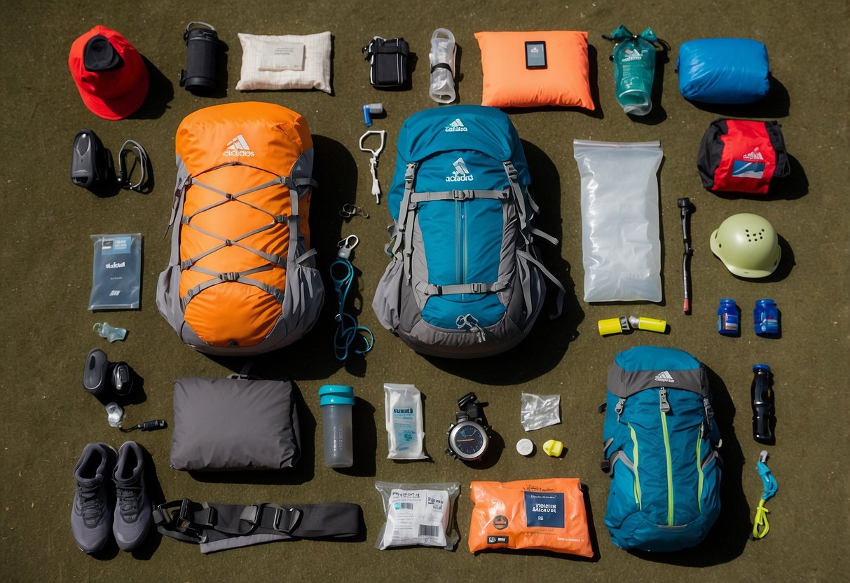 A trail runner's gear laid out on a flat surface: running shoes, hydration pack, headlamp, GPS watch, whistle, first aid kit, trail map, sun protection, energy snacks, and emergency blanket