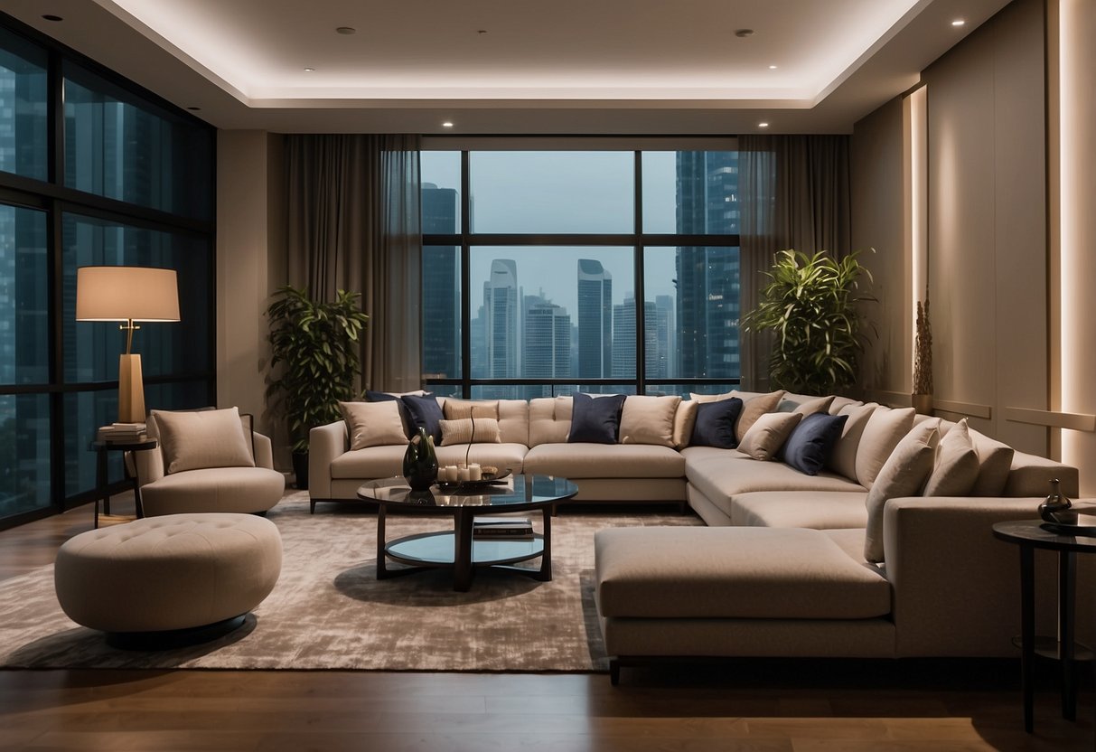 A room with modern furniture, including a sleek sofa, stylish coffee table, and elegant dining set, all from FC Furniture Singapore
