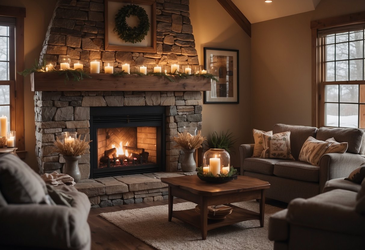 A cozy living room with a stone corner fireplace, surrounded by comfortable armchairs and a warm, crackling fire. The mantel is adorned with family photos and decorative candles, creating a welcoming and inviting atmosphere