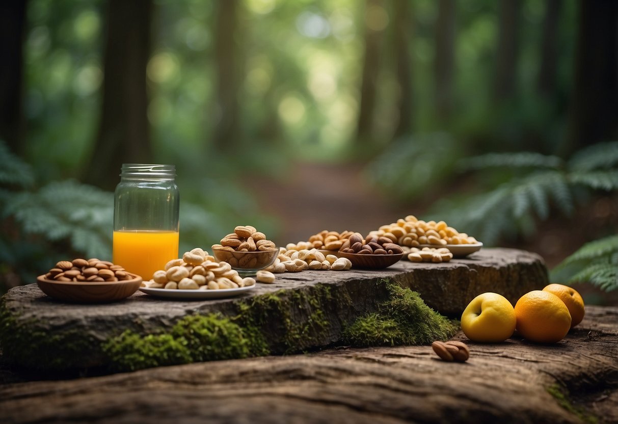 A trail winding through a lush forest, with a variety of snacks laid out on a flat rock: energy bars, nuts, fruit, and a water bottle